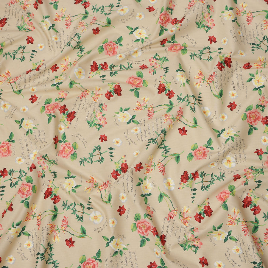 Beige Cotton Lawn Fabric with Red and Yellow Floral Print, 110 Cms Width, Made in Japan-D24211