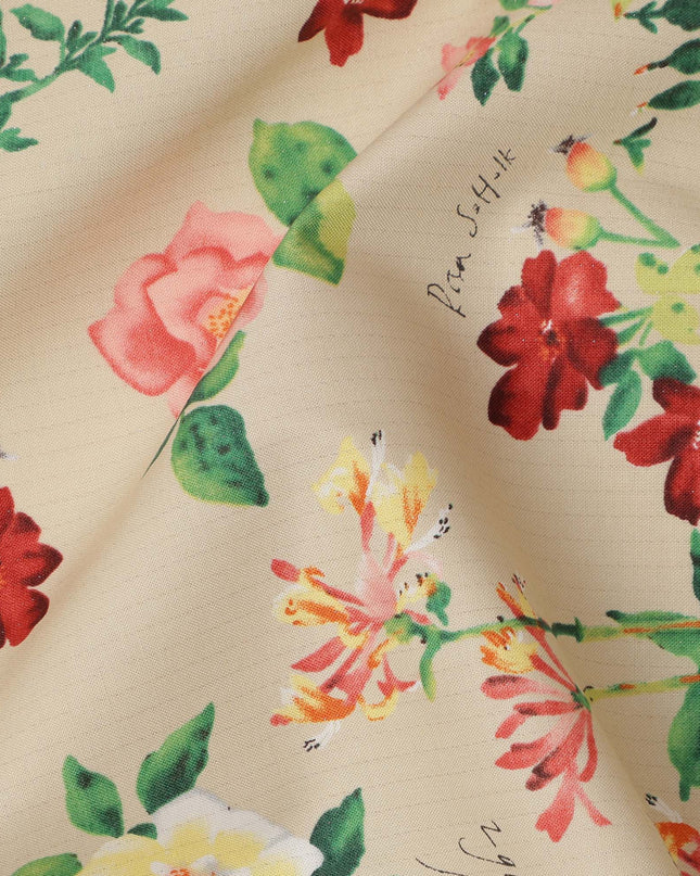 Beige Cotton Lawn Fabric with Red and Yellow Floral Print, 110 Cms Width, Made in Japan-D24211