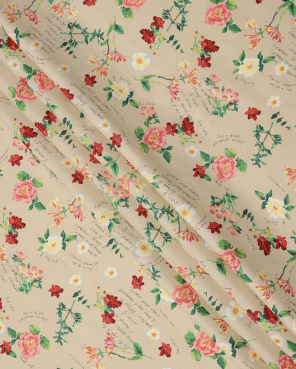 Beige Cotton Lawn Fabric with Red and Yellow Floral Print, 110 Cms Width, Made in Japan-D24211