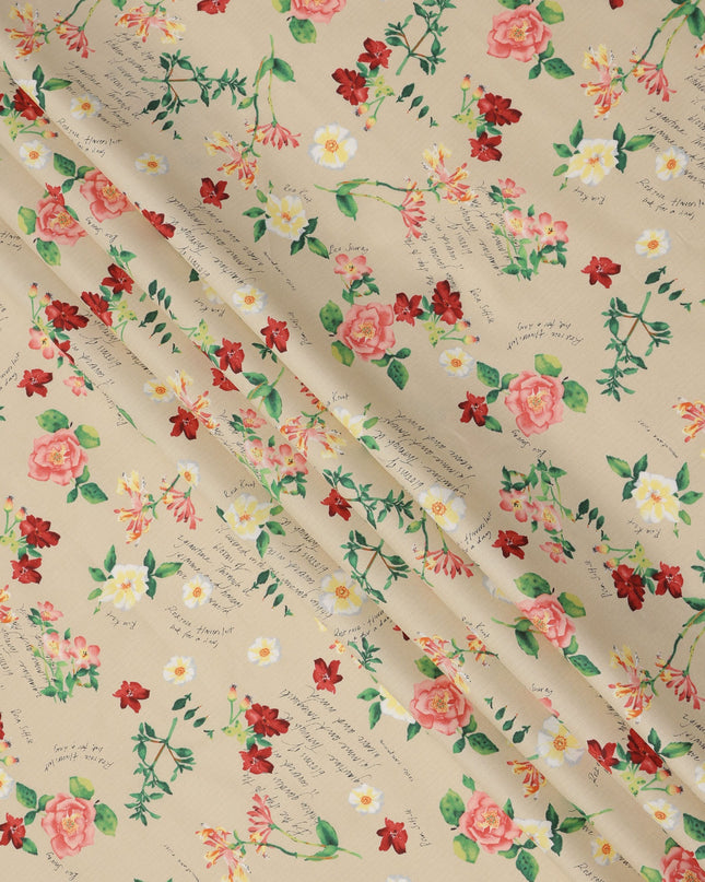 Beige Cotton Lawn Fabric with Red and Yellow Floral Print, 110 Cms Width, Made in Japan-D24211