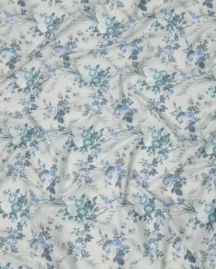 Icy Blue Cotton Lawn Fabric with Blue and Teal Floral Print, 110 Cms Width, Made in Japan-D24212
