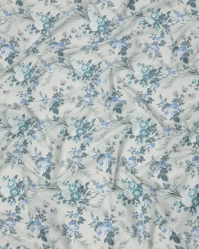Icy Blue Cotton Lawn Fabric with Blue and Teal Floral Print, 110 Cms Width, Made in Japan-D24212