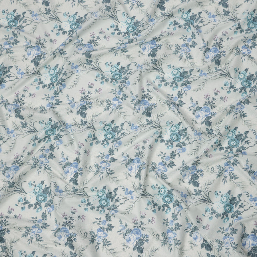 Icy Blue Cotton Lawn Fabric with Blue and Teal Floral Print, 110 Cms Width, Made in Japan-D24212