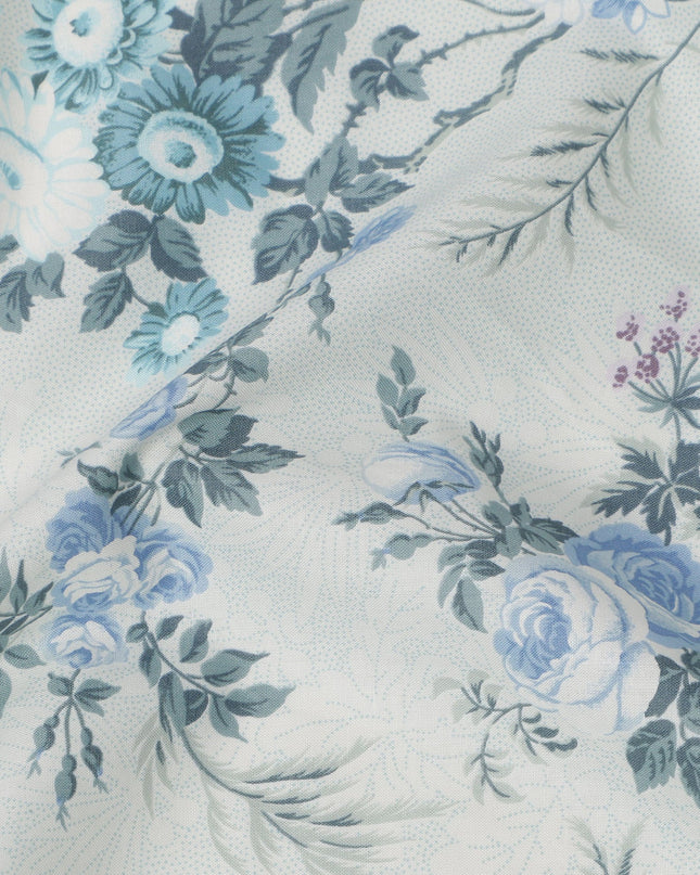 Icy Blue Cotton Lawn Fabric with Blue and Teal Floral Print, 110 Cms Width, Made in Japan-D24212