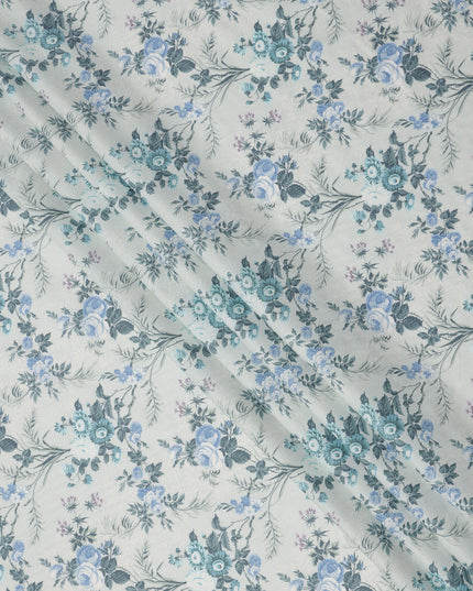 Icy Blue Cotton Lawn Fabric with Blue and Teal Floral Print, 110 Cms Width, Made in Japan-D24212