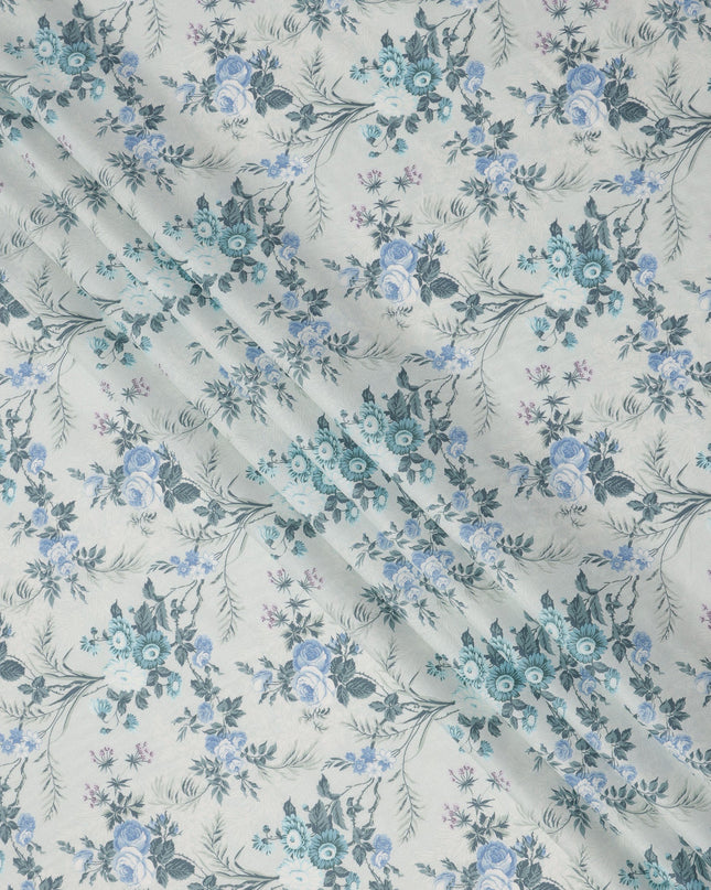 Icy Blue Cotton Lawn Fabric with Blue and Teal Floral Print, 110 Cms Width, Made in Japan-D24212
