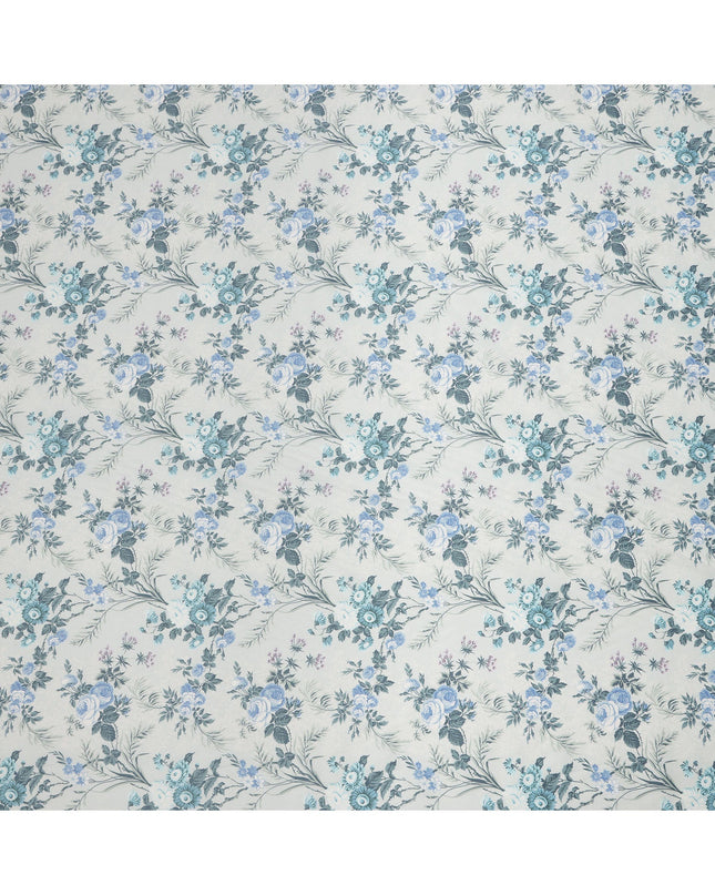 Icy Blue Cotton Lawn Fabric with Blue and Teal Floral Print, 110 Cms Width, Made in Japan-D24212