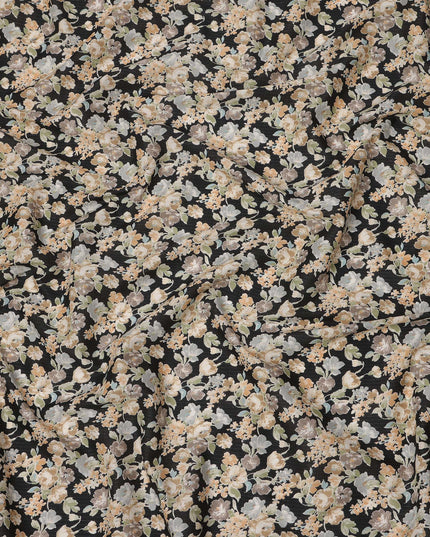 Black Cotton Lawn Fabric with Beige and Cream Floral Print, 110 Cms Width, Made in Japan-D24214