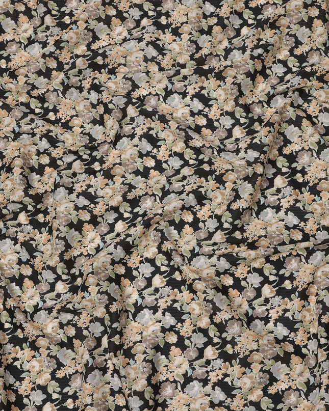 Black Cotton Lawn Fabric with Beige and Cream Floral Print, 110 Cms Width, Made in Japan-D24214