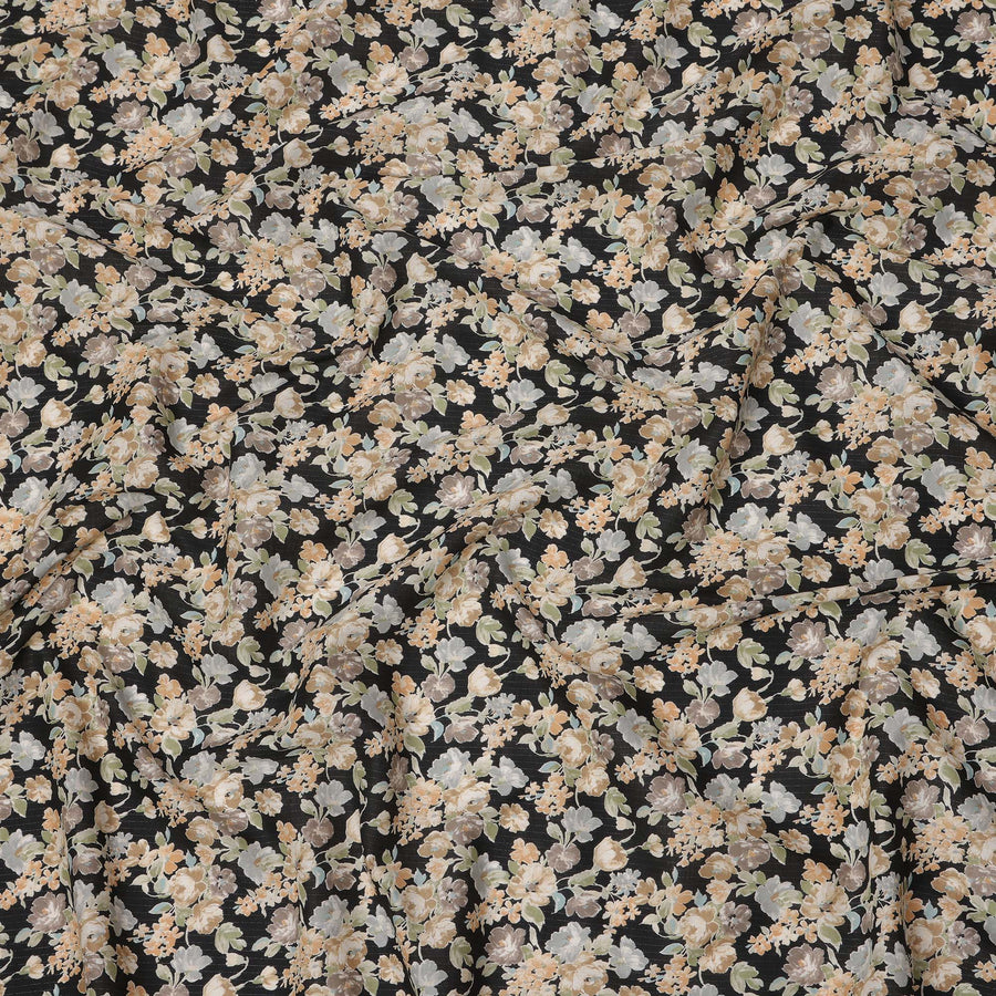 Black Cotton Lawn Fabric with Beige and Cream Floral Print, 110 Cms Width, Made in Japan-D24214