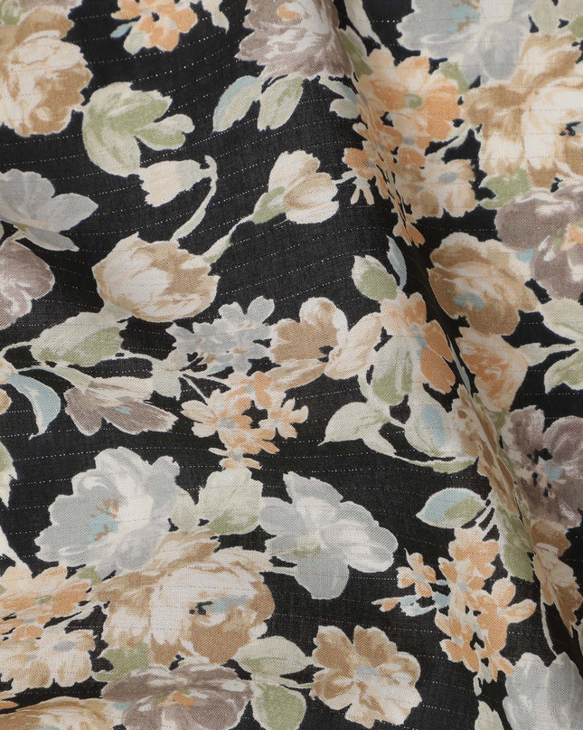 Black Cotton Lawn Fabric with Beige and Cream Floral Print, 110 Cms Width, Made in Japan-D24214