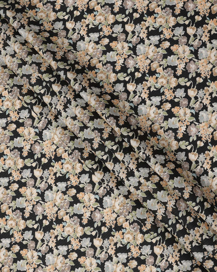 Black Cotton Lawn Fabric with Beige and Cream Floral Print, 110 Cms Width, Made in Japan-D24214
