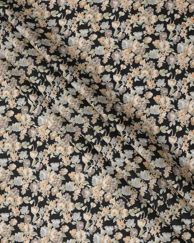 Black Cotton Lawn Fabric with Beige and Cream Floral Print, 110 Cms Width, Made in Japan-D24214