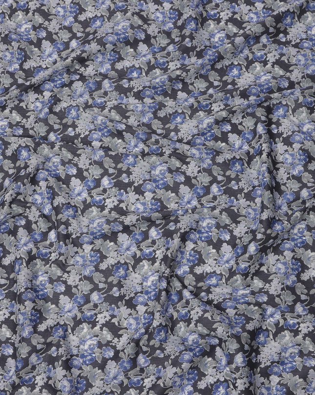 Charcoal Grey Cotton Lawn Fabric with Blue and White Floral Print, 110 Cms Width, Made in Japan-D24215