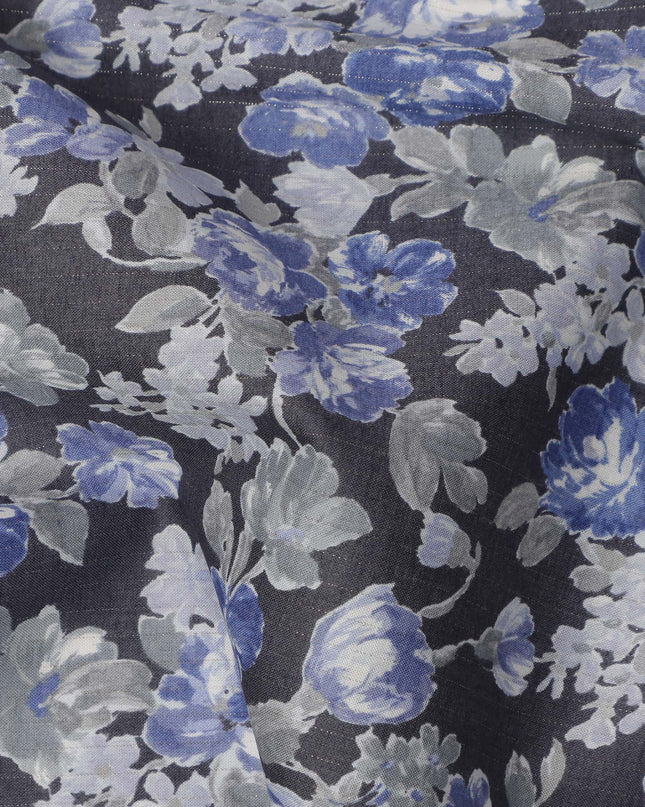 Charcoal Grey Cotton Lawn Fabric with Blue and White Floral Print, 110 Cms Width, Made in Japan-D24215