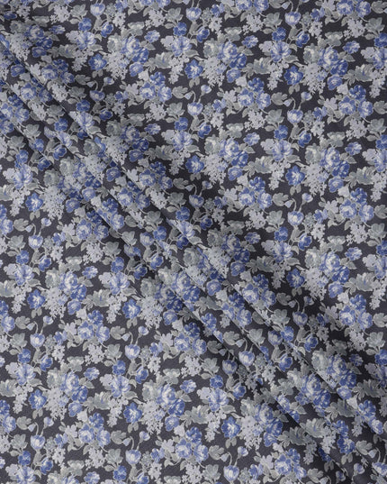 Charcoal Grey Cotton Lawn Fabric with Blue and White Floral Print, 110 Cms Width, Made in Japan-D24215