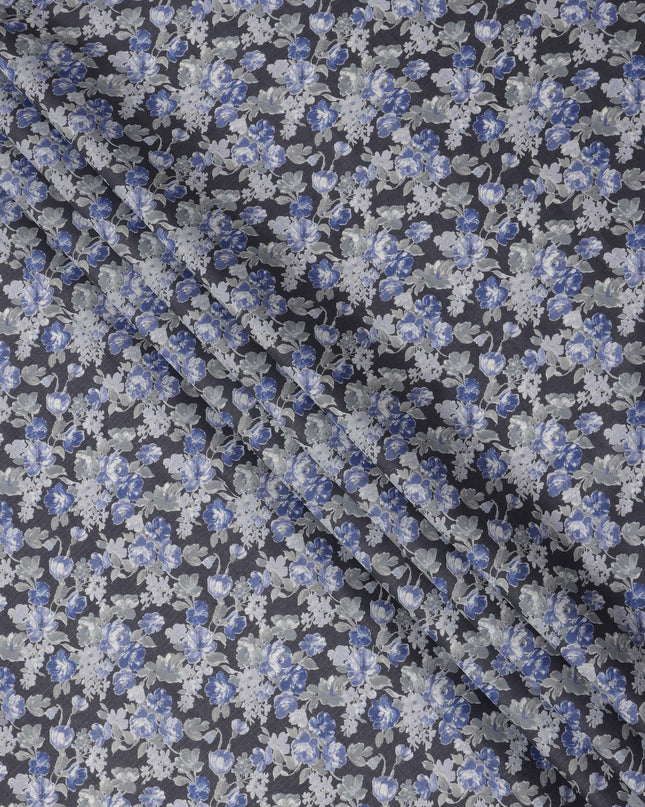 Charcoal Grey Cotton Lawn Fabric with Blue and White Floral Print, 110 Cms Width, Made in Japan-D24215