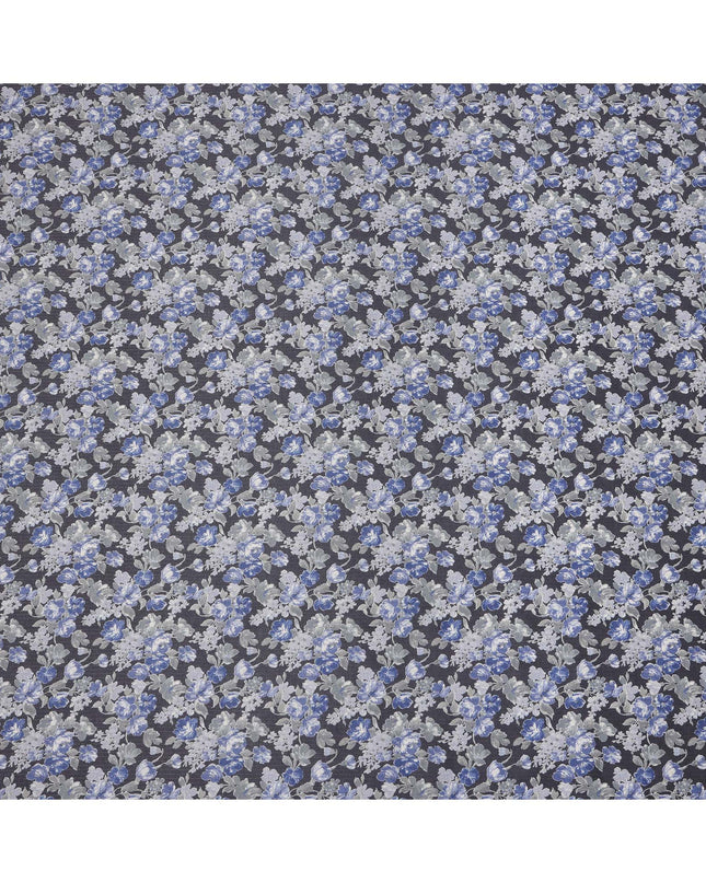 Charcoal Grey Cotton Lawn Fabric with Blue and White Floral Print, 110 Cms Width, Made in Japan-D24215