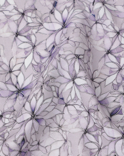 Lavender Floral Outline Print Cotton Lawn Fabric with Watercolor Effect, 110 Cms Width, Made in India-D24316