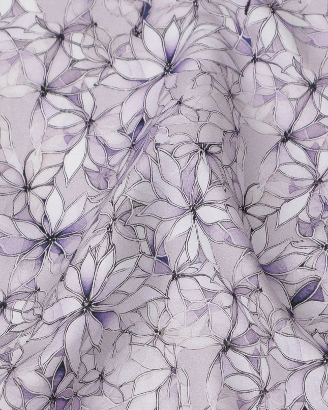 Lavender Floral Outline Print Cotton Lawn Fabric with Watercolor Effect, 110 Cms Width, Made in India-D24316