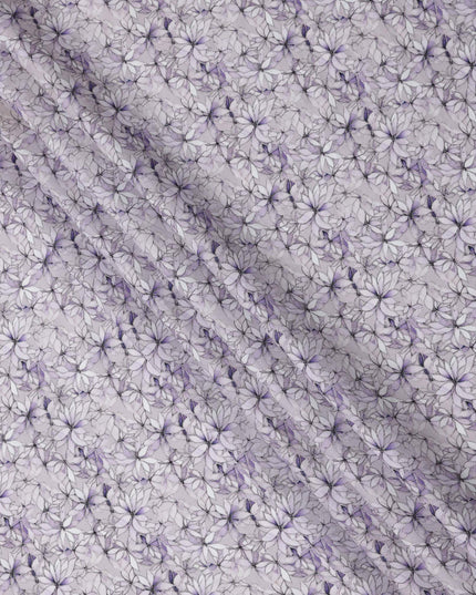 Lavender Floral Outline Print Cotton Lawn Fabric with Watercolor Effect, 110 Cms Width, Made in India-D24316