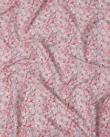 Pink Floral Outline Print Cotton Lawn Fabric with Watercolor Effect, 110 Cms Width, Made in India-D24317
