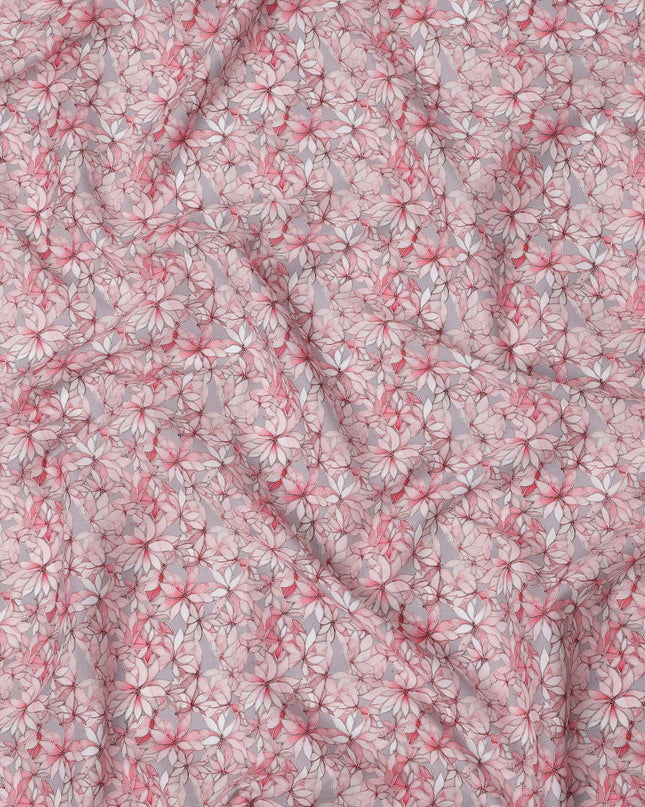 Pink Floral Outline Print Cotton Lawn Fabric with Watercolor Effect, 110 Cms Width, Made in India-D24317