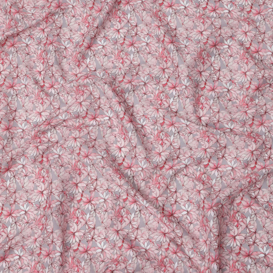 Pink Floral Outline Print Cotton Lawn Fabric with Watercolor Effect, 110 Cms Width, Made in India-D24317