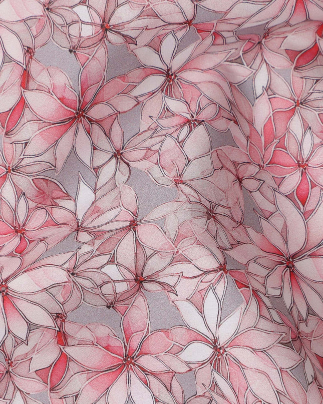 Pink Floral Outline Print Cotton Lawn Fabric with Watercolor Effect, 110 Cms Width, Made in India-D24317