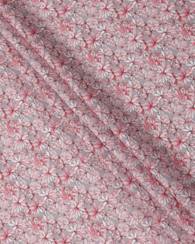 Pink Floral Outline Print Cotton Lawn Fabric with Watercolor Effect, 110 Cms Width, Made in India-D24317