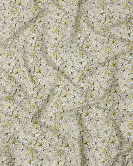 Yellow Floral Outline Print Cotton Lawn Fabric with Watercolor Effect, 110 Cms Width, Made in India-D24318
