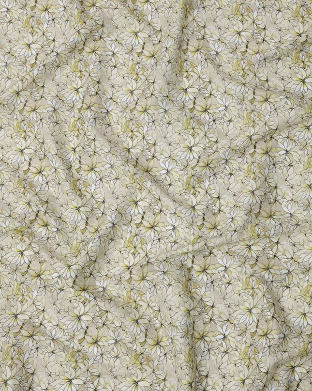 Yellow Floral Outline Print Cotton Lawn Fabric with Watercolor Effect, 110 Cms Width, Made in India-D24318