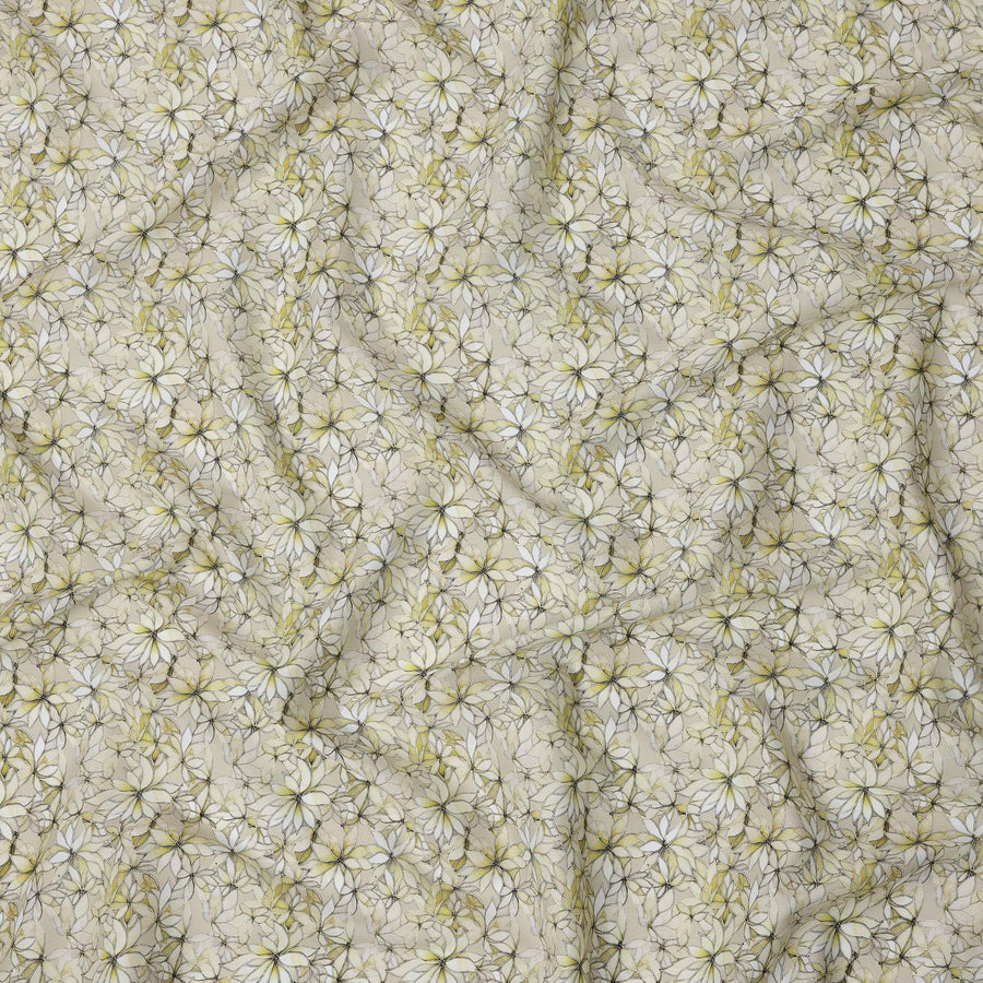 Yellow Floral Outline Print Cotton Lawn Fabric with Watercolor Effect, 110 Cms Width, Made in India-D24318