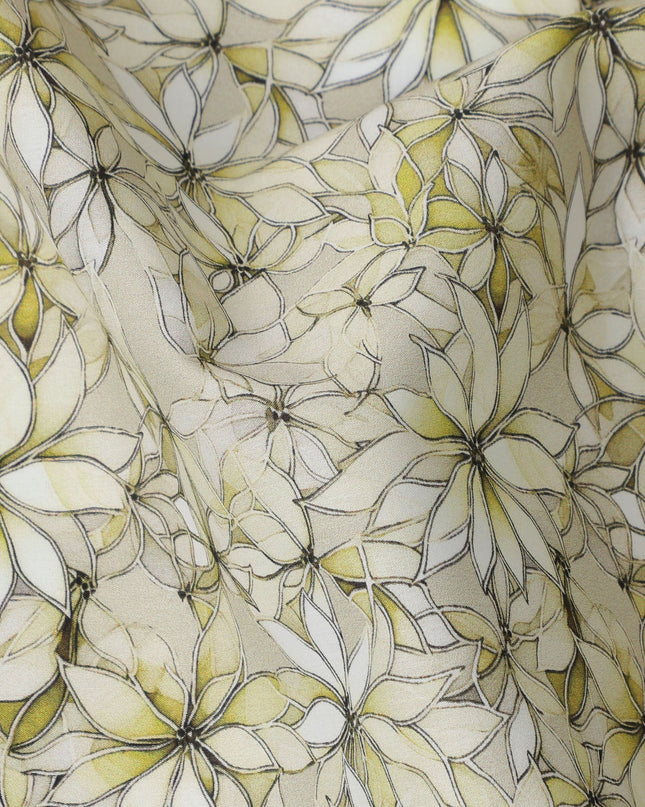 Yellow Floral Outline Print Cotton Lawn Fabric with Watercolor Effect, 110 Cms Width, Made in India-D24318