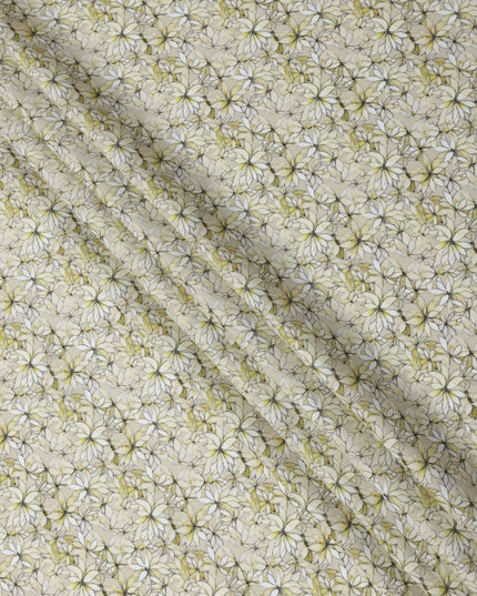 Yellow Floral Outline Print Cotton Lawn Fabric with Watercolor Effect, 110 Cms Width, Made in India-D24318