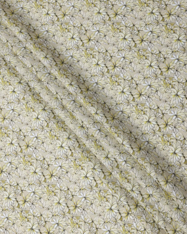 Yellow Floral Outline Print Cotton Lawn Fabric with Watercolor Effect, 110 Cms Width, Made in India-D24318