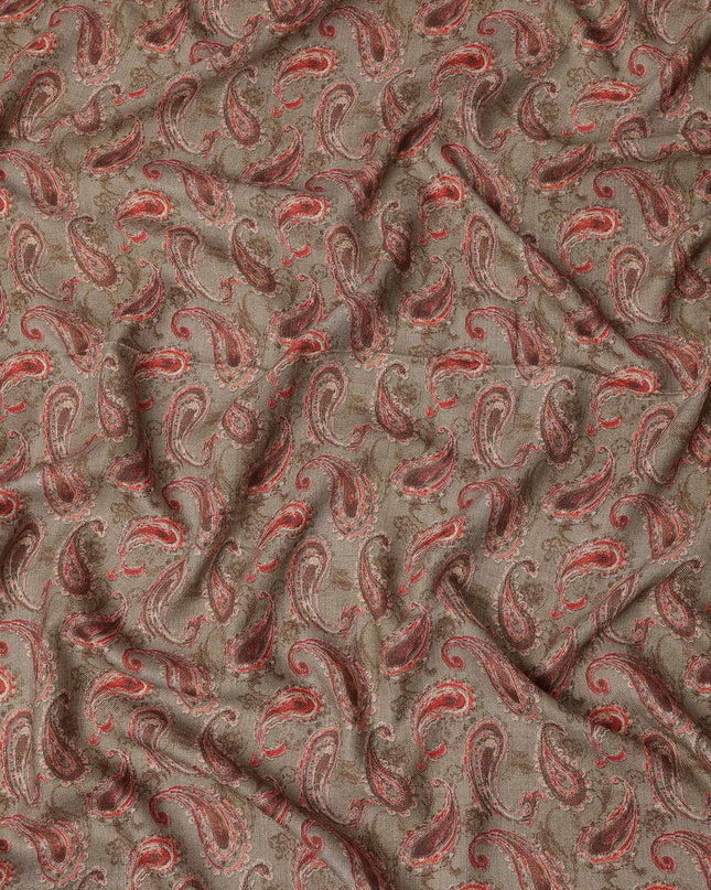 Brown Viscose Linen Blended Fabric with Red Paisley Printed Design, 110 cms Width, Made in India-D25100