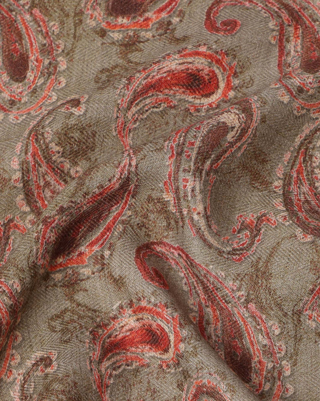 Brown Viscose Linen Blended Fabric with Red Paisley Printed Design, 110 cms Width, Made in India-D25100