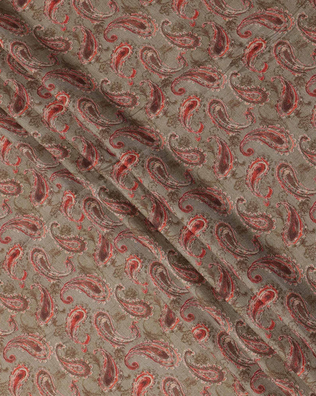 Brown Viscose Linen Blended Fabric with Red Paisley Printed Design, 110 cms Width, Made in India-D25100