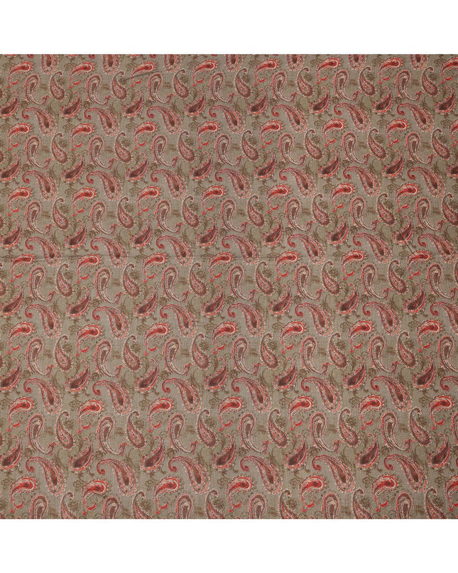 Brown Viscose Linen Blended Fabric with Red Paisley Printed Design, 110 cms Width, Made in India-D25100
