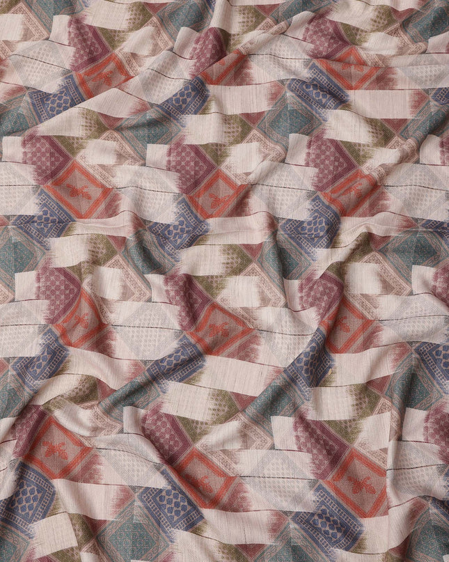 Multicolor Viscose Linen Blended Fabric with Geometric Diamond Patchwork Inspired Print, 110 cms Width, Made in India-D25105