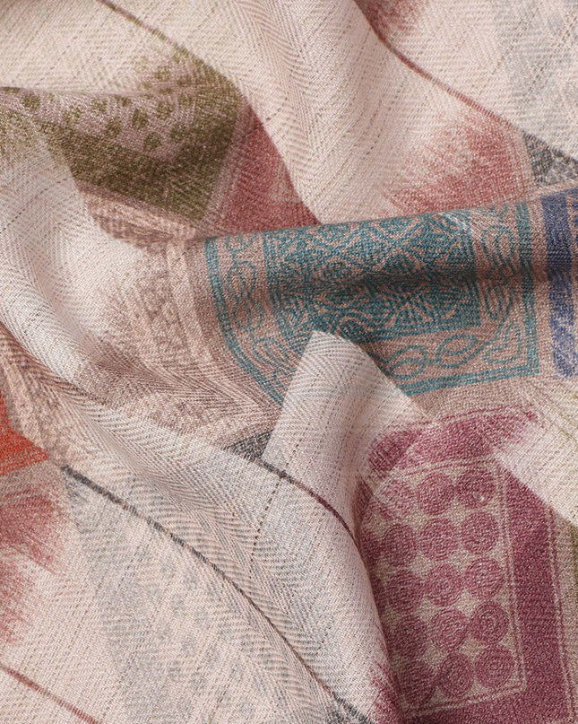 Multicolor Viscose Linen Blended Fabric with Geometric Diamond Patchwork Inspired Print, 110 cms Width, Made in India-D25105