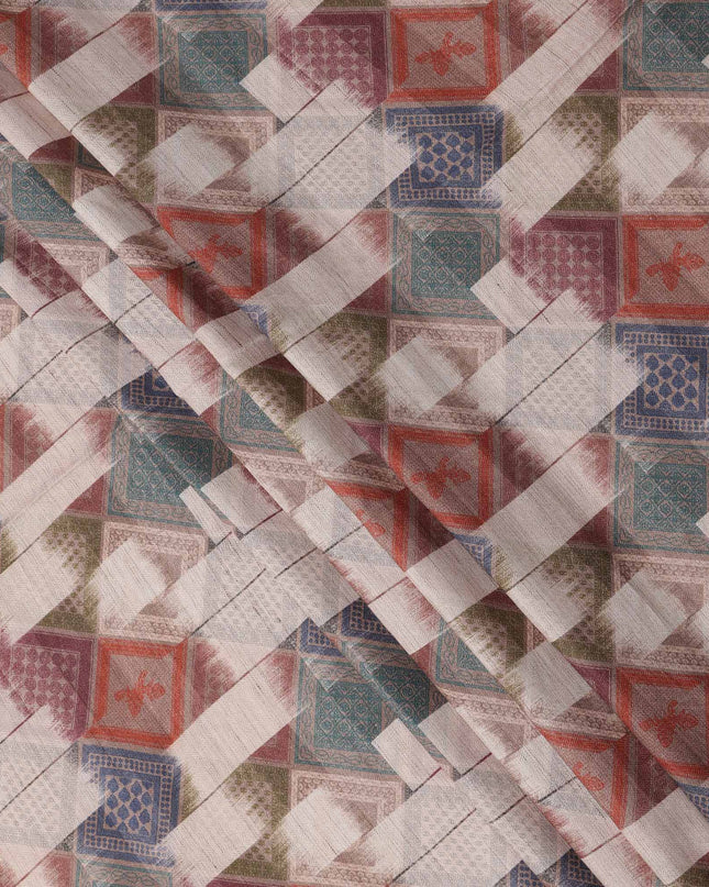 Multicolor Viscose Linen Blended Fabric with Geometric Diamond Patchwork Inspired Print, 110 cms Width, Made in India-D25105