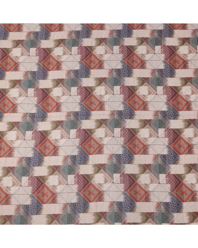 Multicolor Viscose Linen Blended Fabric with Geometric Diamond Patchwork Inspired Print, 110 cms Width, Made in India-D25105