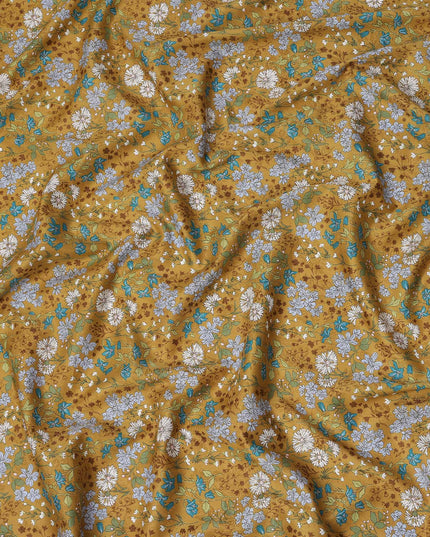 Mustard yellow cotton lawn printed Fabric with teal, white and sage botanical floral, 110 Cms Width, India-D25285