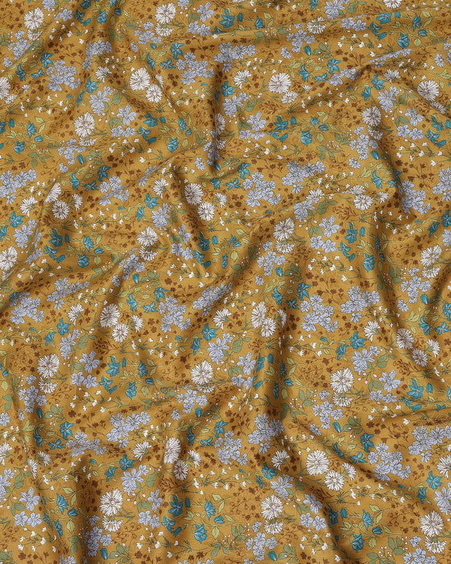 Mustard yellow cotton lawn printed Fabric with teal, white and sage botanical floral, 110 Cms Width, India-D25285