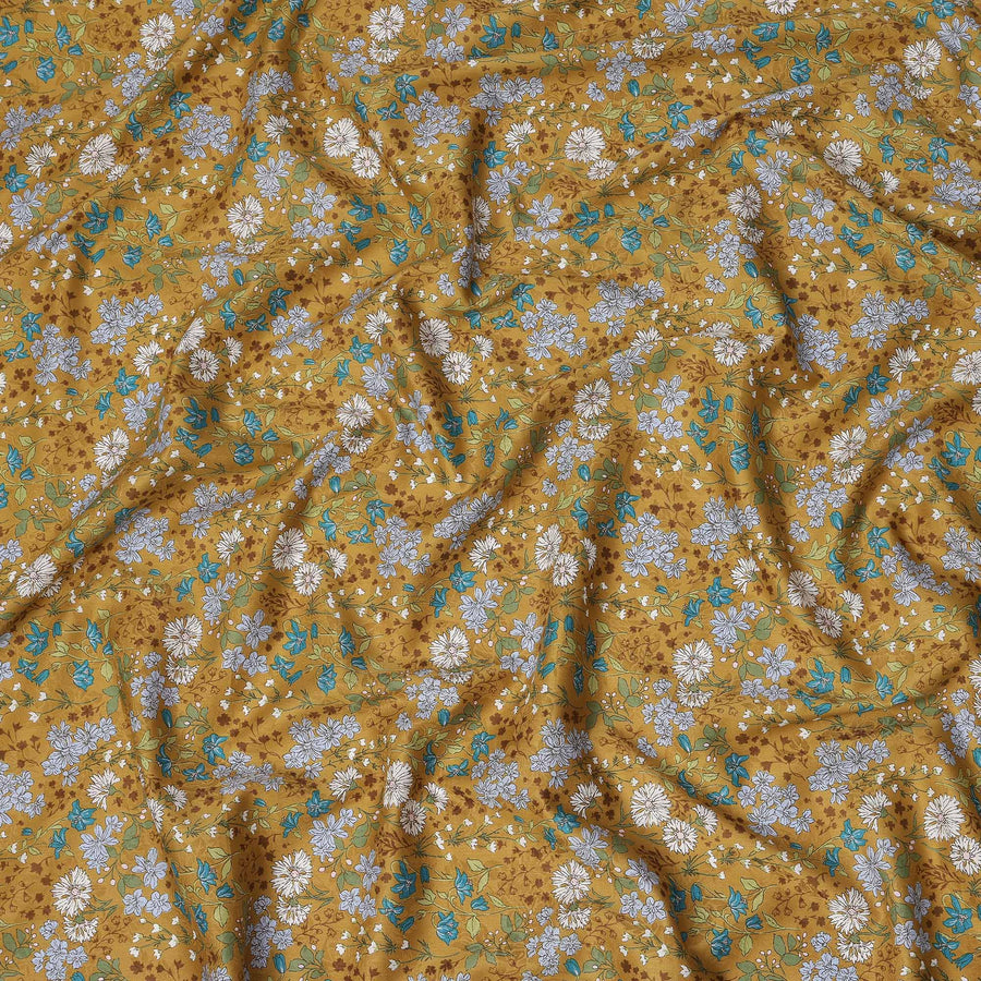 Mustard yellow cotton lawn printed Fabric with teal, white and sage botanical floral, 110 Cms Width, India-D25285