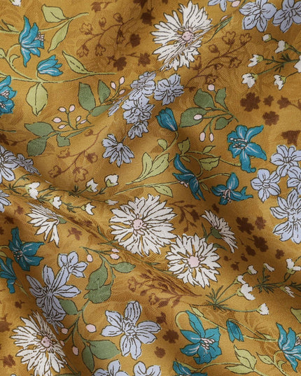 Mustard yellow cotton lawn printed Fabric with teal, white and sage botanical floral, 110 Cms Width, India-D25285