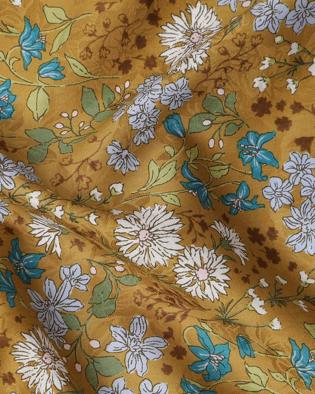 Mustard yellow cotton lawn printed Fabric with teal, white and sage botanical floral, 110 Cms Width, India-D25285