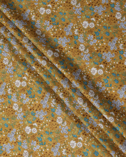 Mustard yellow cotton lawn printed Fabric with teal, white and sage botanical floral, 110 Cms Width, India-D25285